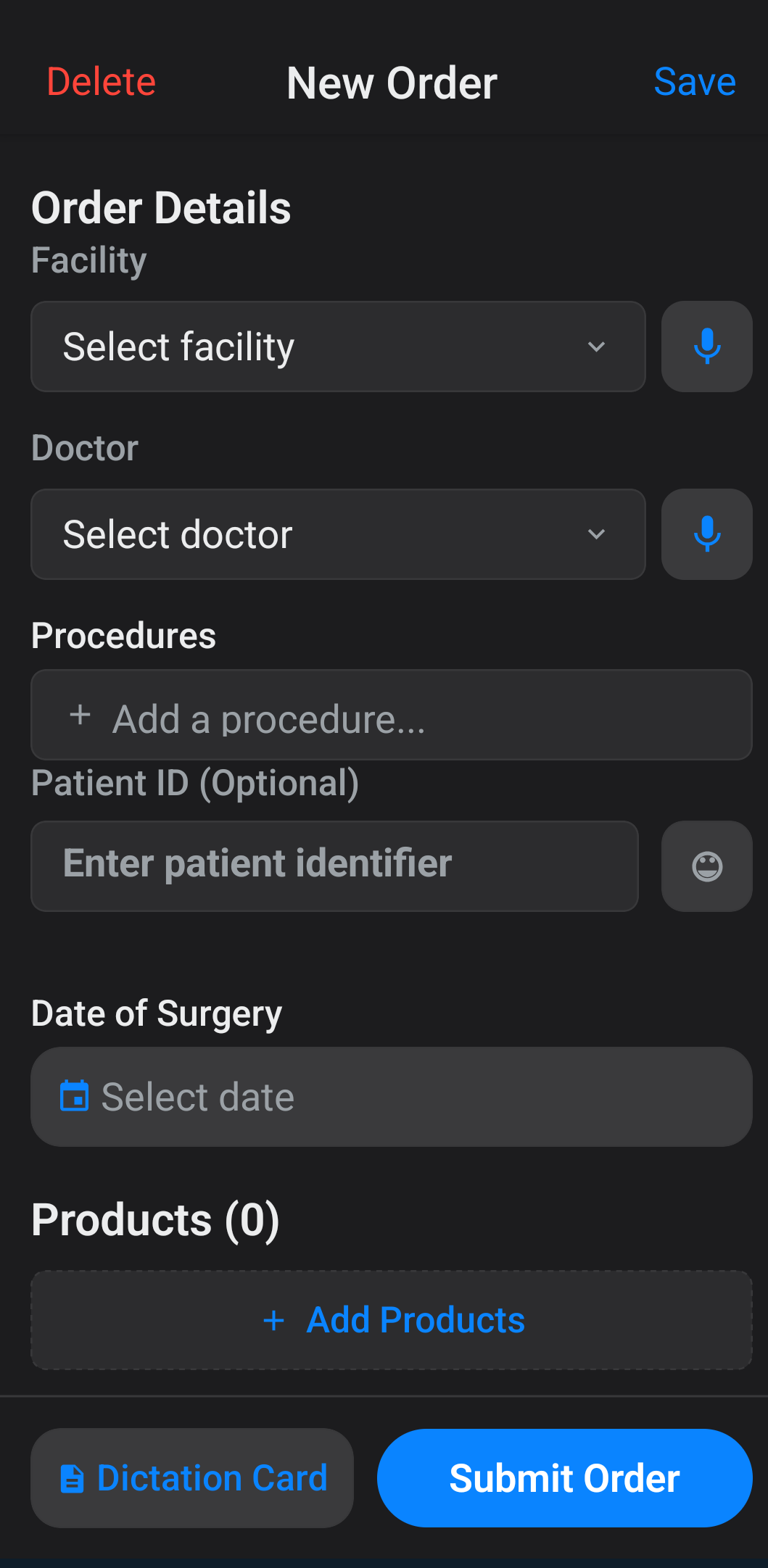 Order creation screen
